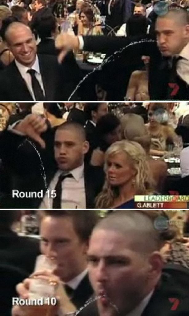 Brendan Fevola during the Brownlow count urinating on himself and encouraging Ablett to urinate on him.