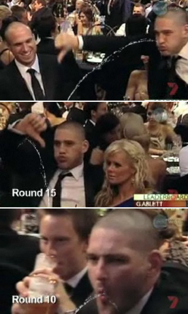 Brendan Fevola during the Brownlow count urinating on himself and encouraging Ablett to urinate on him.